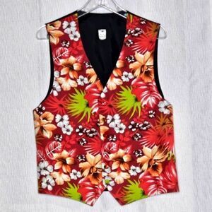 Santana Formal Wear Red Hawaiian Print Adjustable Waist Button Front Tuxedo Vest
